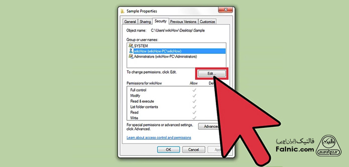 انتخاب گزینه edit در تب security برای انتخاب حساب کاربری انتخاب گزینه edit در تب security برای انتخاب حساب کاربری