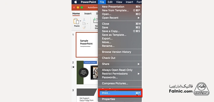 انتخاب گزینه file در پاورپوینت برای پرینت گرفتن در macos انتخاب گزینه file در پاورپوینت برای پرینت گرفتن در macos