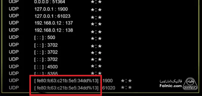 اجرای دستور netstat -a، در بخش پایینی، آدرسهای IPv6 اجرای دستور netstat -a، در بخش پایینی، آدرسهای IPv6