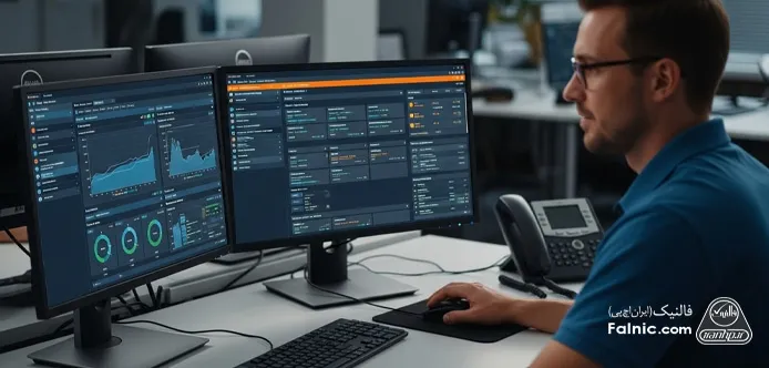 یک متخصص IT در حال بررسی عملکرد فایروال فورتی‌نت و سیسکو