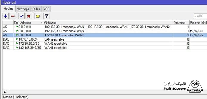 لیست مسیرهای لود بالانسینگ در روتر میکروتیک در روش Policy Routing با نرم افزار Winbox
