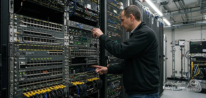 یک مرد در حال کار با یک سوئیچ در یک دیتاسنتر