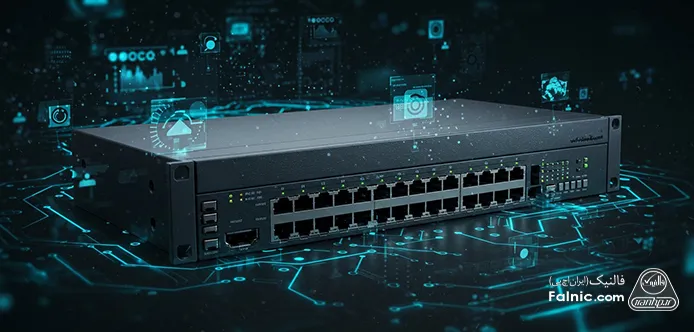 سوئیچ ۲۶۹۰ برند سیسکو در پس زمینه‌ای گرافیکی-دیجیتالی