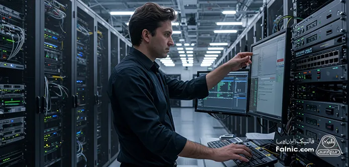 یک مرد در حال وارد کردن دستورات EtherChannel روی سوئیچ در دیتاسنتر