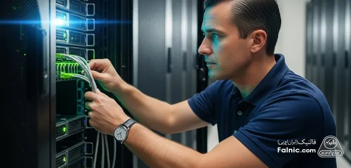 یک مهندس  در حال نصب روتر سازمانی در رک اتاق سرور