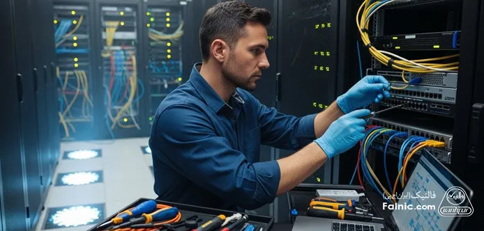 یک کارشناس IT در حال تعمیر تجهیزات شبکه یک کارشناس IT در حال تعمیر تجهیزات شبکه