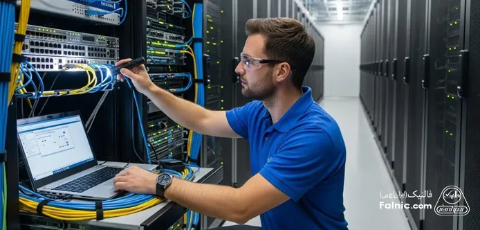 یک مهندس شبکه در حال تست سلامت سوئیچ در یک دیتاسنتر یک مهندس شبکه در حال تست سلامت سوئیچ در یک دیتاسنتر