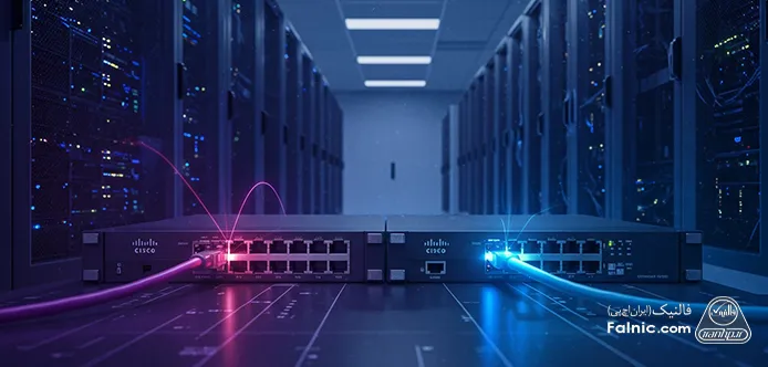 دو سوئیچ شبکه روی زمین در یک دیتاسنتر که با کابل به هم وصل شدهاند. دو سوئیچ شبکه روی زمین در یک دیتاسنتر که با کابل به هم وصل شدهاند.