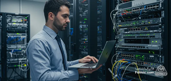 یک مهندس در حال عیب یابی سوئیچ سیسکو