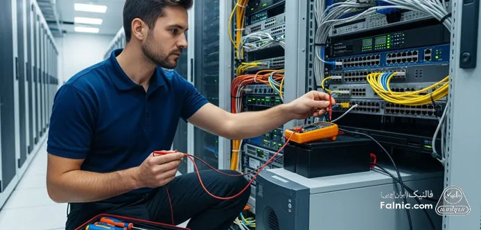 یک تکنسین در حال تعمیر سوئیچ سیسکو