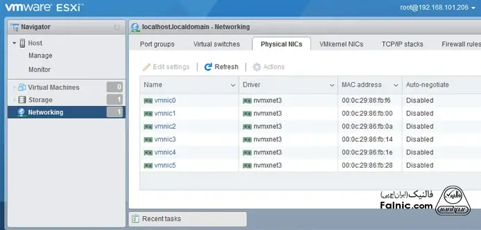تصویر صفحه Physical NICs و گزینه‌های آن در ESXi