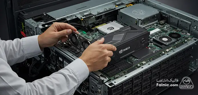 یک مرد در حال نصب کارت گرافیک روی سرور HP یک مرد در حال نصب کارت گرافیک روی سرور HP