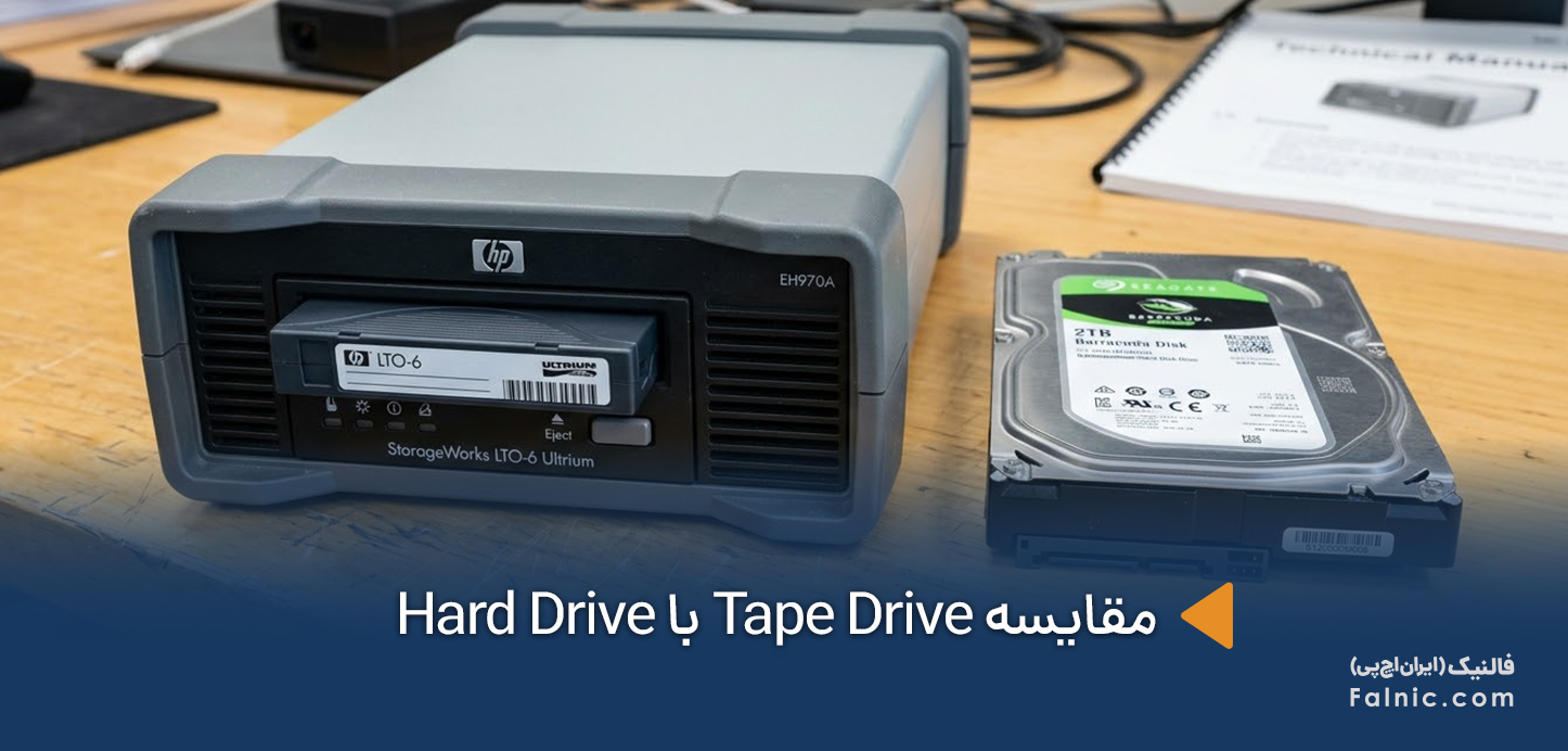 مقایسه Tape Drive با Hard Drive روی یک میز فروشگاهی